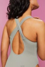 Esprit Cross Back Textured Swimsuit Women Khaki Green Swim P0D0X79 - Image 2