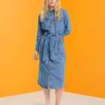 Esprit Denim dress with tie belt Women Blue Light Wash Dresses P0D0X394