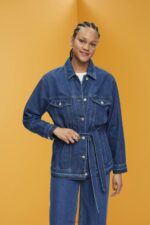 Esprit Denim jacket with tie belt Women Blue Medium Wash Jackets P0D0X215