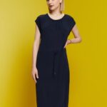 Esprit Drawstring Crepe Midi Dress Women Navy Dresses P0D0X51