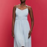 Esprit Elastic Waist Mesh Dress Women Light Blue Lavender Dresses P0D0X66