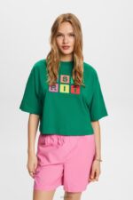 Esprit Embroidered logo t-shirt, 100% cotton Women Dark Green T-Shirts P0D0X15