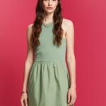 Esprit Fabric mix mini dress Women Pale Khaki Dresses P0D0X70