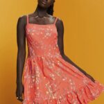 Esprit Floral Print Cotton Knee-Length Dress Women Coral Orange Dresses P0D0X190