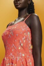 Esprit Floral Print Cotton Knee-Length Dress Women Coral Orange Dresses P0D0X190 - Image 3