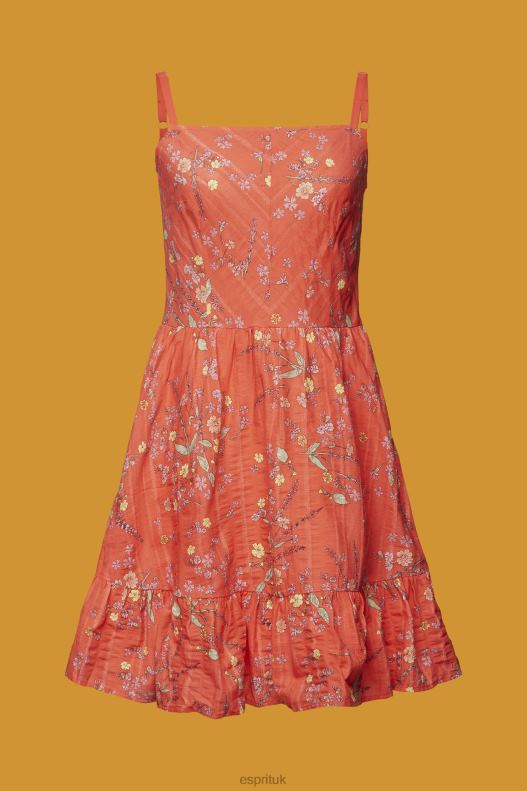 Esprit Floral Print Cotton Knee-Length Dress Women Coral Orange Dresses P0D0X190 - Image 5