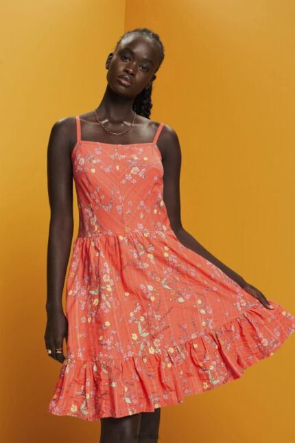 Esprit Floral Print Cotton Knee-Length Dress Women Coral Orange Dresses P0D0X190