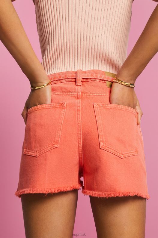 Esprit High Rise Tie Waist Denim Shorts Women Coral Orange Shorts P0D0X58 - Image 3