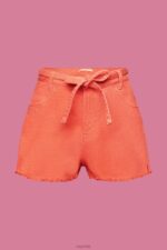 Esprit High Rise Tie Waist Denim Shorts Women Coral Orange Shorts P0D0X58 - Image 5