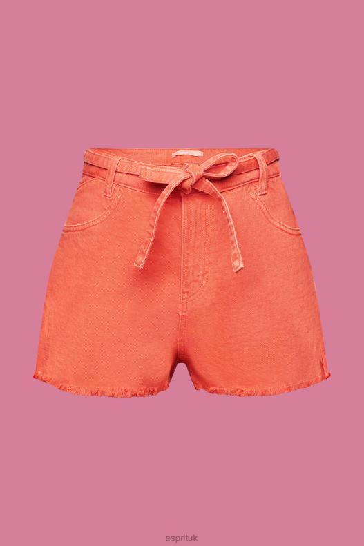 Esprit High Rise Tie Waist Denim Shorts Women Coral Orange Shorts P0D0X58 - Image 5