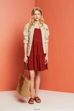 Esprit Jersey dress with embroidered lace sleeves Women Terracotta Dresses P0D0X60 - Image 2