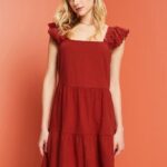 Esprit Jersey dress with embroidered lace sleeves Women Terracotta Dresses P0D0X60