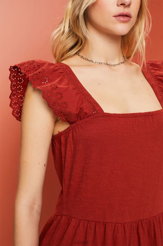 Esprit Jersey dress with embroidered lace sleeves Women Terracotta Dresses P0D0X60 - Image 3