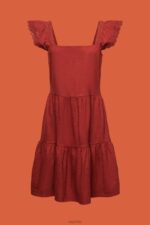 Esprit Jersey dress with embroidered lace sleeves Women Terracotta Dresses P0D0X60 - Image 5