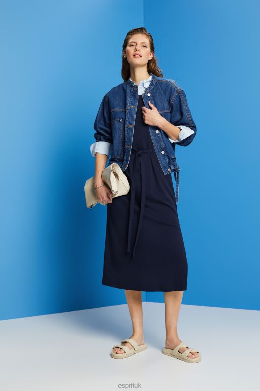 Esprit Jersey midi dress with a tie belt Women Navy Dresses P0D0X63 - Image 2