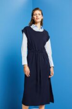 Esprit Jersey midi dress with a tie belt Women Navy Dresses P0D0X63