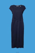 Esprit Jersey midi dress with a tie belt Women Navy Dresses P0D0X63 - Image 5