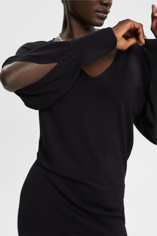Esprit Knit dress with slit sleeves, LENZING ECOVERO Women Black Dresses P0D0X442 - Image 3