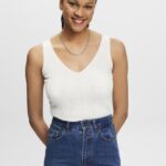 Esprit Knitted V-neck top with linen Women Off White Sweaters P0D0X305