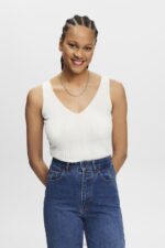 Esprit Knitted V-neck top with linen Women Off White Sweaters P0D0X305