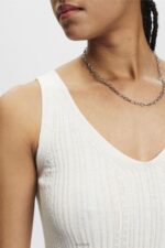 Esprit Knitted V-neck top with linen Women Off White Sweaters P0D0X305 - Image 3