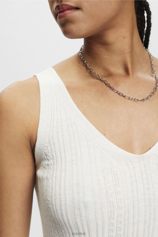 Esprit Knitted V-neck top with linen Women Off White Sweaters P0D0X305 - Image 3
