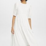 Esprit Lightweight midi dress with balloon sleeves Women Off White Dresses P0D0X294