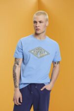 Esprit Logo print cotton t-shirt Men Light Blue Lavender T-Shirts P0D0X627