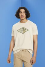 Esprit Logo print cotton t-shirt Men Light Taupe T-Shirts P0D0X625