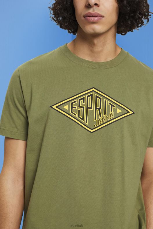 Esprit Logo print cotton t-shirt Men Olive T-Shirts P0D0X626 - Image 3