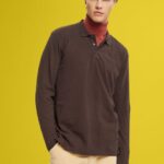 Esprit Long sleeve pique polo shirt Men Dark Brown Polos P0D0X836