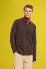 Esprit Long sleeve pique polo shirt Men Dark Brown Polos P0D0X836
