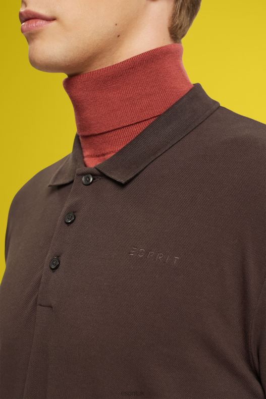 Esprit Long sleeve pique polo shirt Men Dark Brown Polos P0D0X836 - Image 3