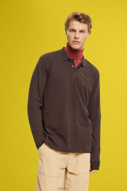 Esprit Long sleeve pique polo shirt Men Dark Brown Polos P0D0X836