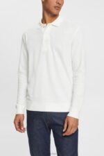 Esprit Long sleeve pique polo shirt Men Off White Polos P0D0X951
