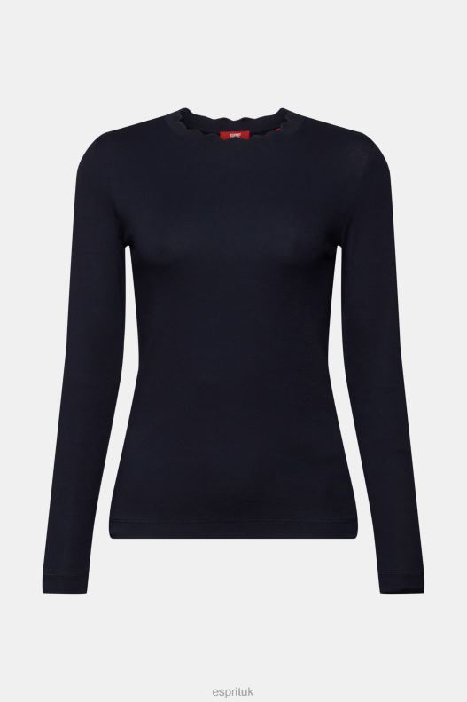 Esprit Long sleeve top with a scalloped neck Women Navy Long Sleeve P0D0X33 - Image 5