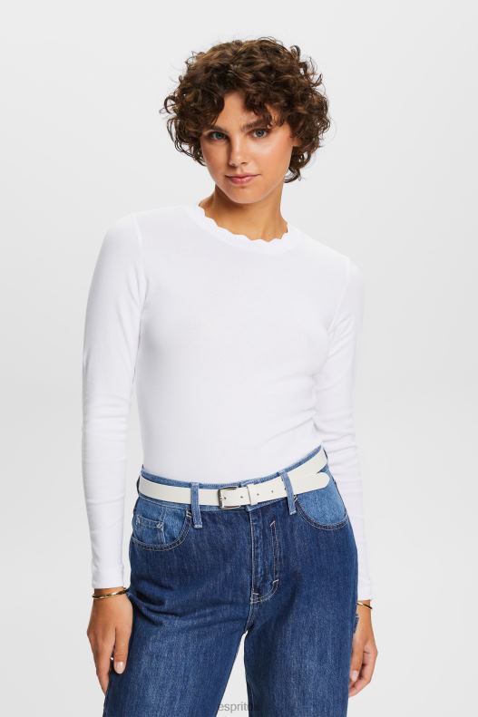 Esprit Long sleeve top with a scalloped neck Women White Long Sleeve P0D0X32 - Image 1