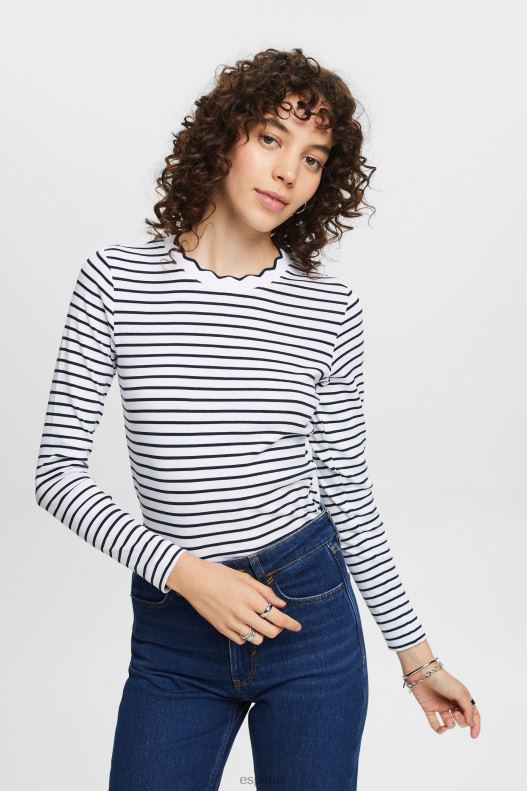 Esprit Long sleeve top with a scalloped neck Women White Long Sleeve P0D0X34 - Image 1