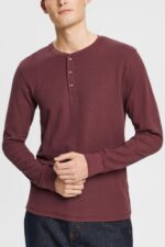 Esprit Long sleeve waffle pique top, 100% cotton Men Bordeaux Red Long Sleeve P0D0X823