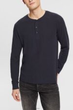 Esprit Long sleeve waffle pique top, 100% cotton Men Navy Long Sleeve P0D0X822