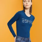 Esprit Long-sleeved t-shirt with logo Women Petrol Blue T-Shirts P0D0X462