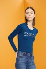 Esprit Long-sleeved t-shirt with logo Women Petrol Blue T-Shirts P0D0X462