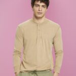 Esprit Long-sleeved top with buttons Men Khaki Beige Long Sleeve P0D0X723