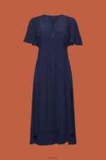 Esprit Midi dress with a fixed tie belt Women Navy Dresses P0D0X231 - Image 5