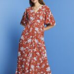 Esprit Midi dress with all-over pattern Women Coral Orange Dresses P0D0X188