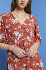 Esprit Midi dress with all-over pattern Women Coral Orange Dresses P0D0X188 - Image 3