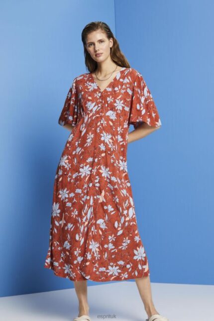 Esprit Midi dress with all-over pattern Women Coral Orange Dresses P0D0X188