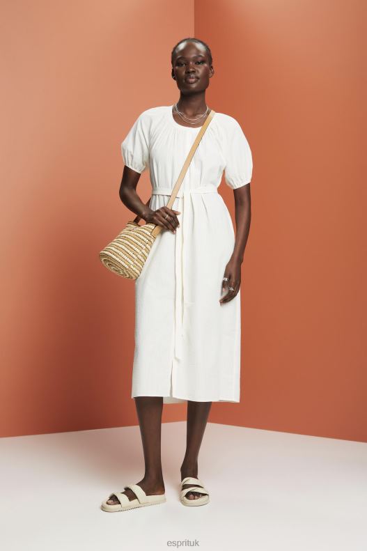 Esprit Midi shirt dress with a tie belt, cotton blend Women White Dresses P0D0X235 - Image 2