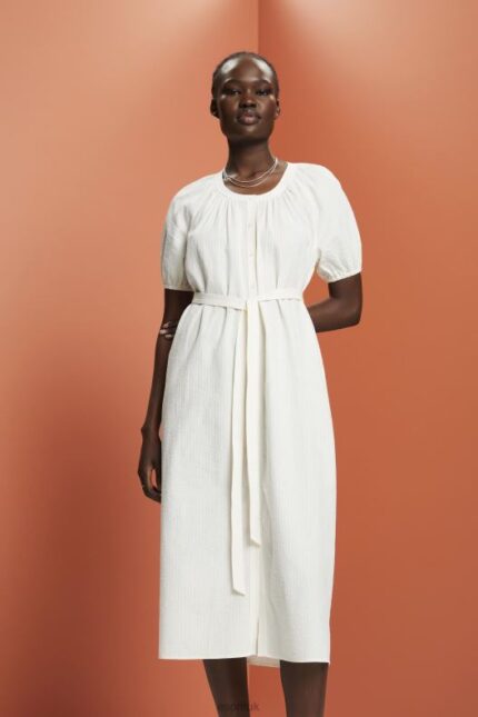 Esprit Midi shirt dress with a tie belt, cotton blend Women White Dresses P0D0X235