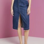 Esprit Midi skirt with an asymmetric waistband Women Blue Dark Wash Skirts P0D0X209